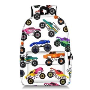 Boys monster truck backpack and matching lunch kit. Sizes on pic. No name.
